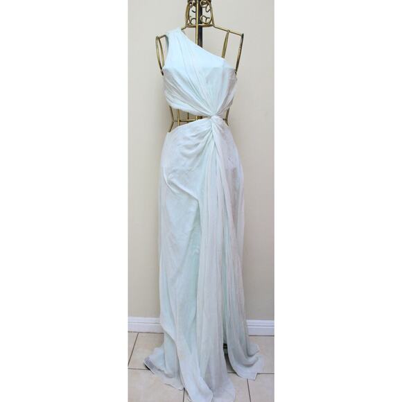 Cinq a Sept Blue Grass Goldie One Shoulder Ruched Cutout Silk Flowy Dress Size 6 - Picture 3 of 8